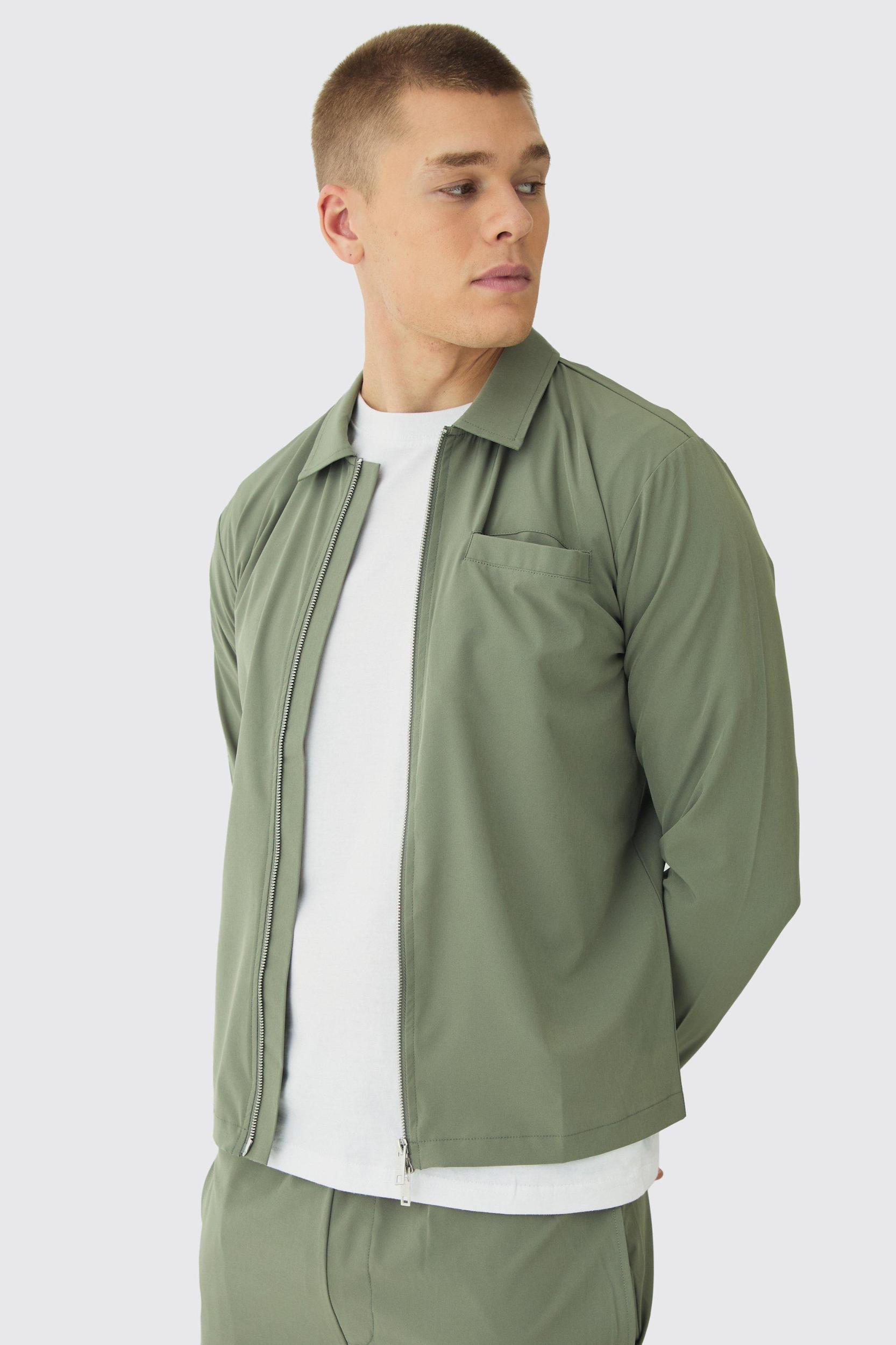 Mens Green Technical Stretch Zip Through Long Sleeve Shirt, Green Product Image