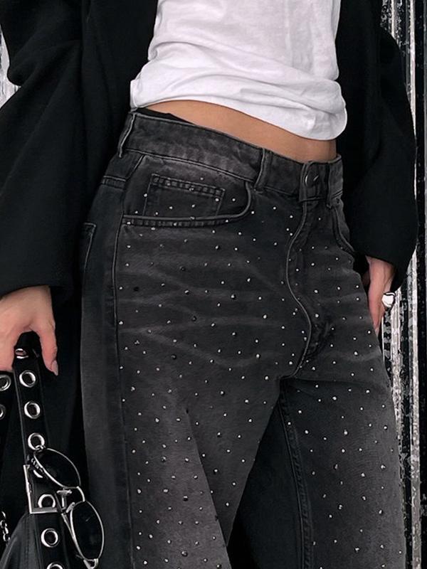 Wash Distressed Rhinestone High Rise Boyfriend Jeans Product Image