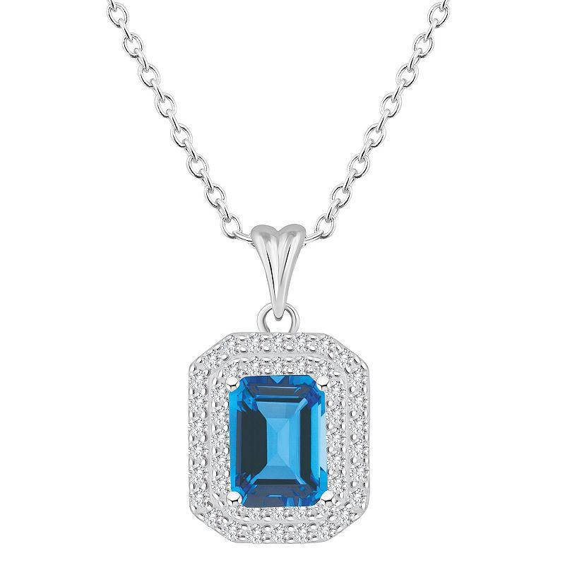 Celebration Gems Sterling Silver Emerald-Cut Garnet & White Topaz Double Halo Pendant Necklace, Women's, Size: 18" Product Image
