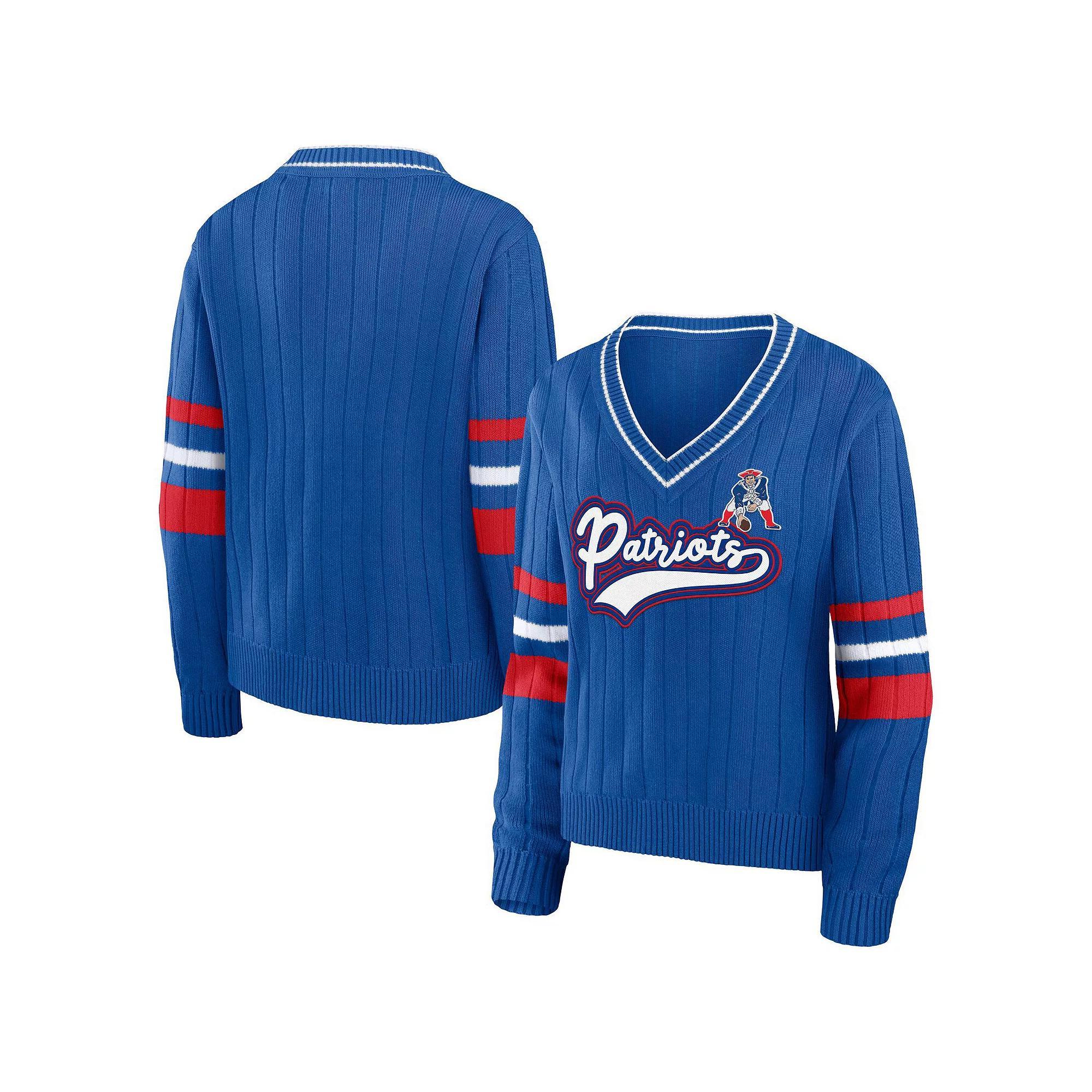 Women's WEAR by Erin Andrews Royal New England Patriots Throwback V-Neck Sweater, Size: 2XL, Blue Product Image