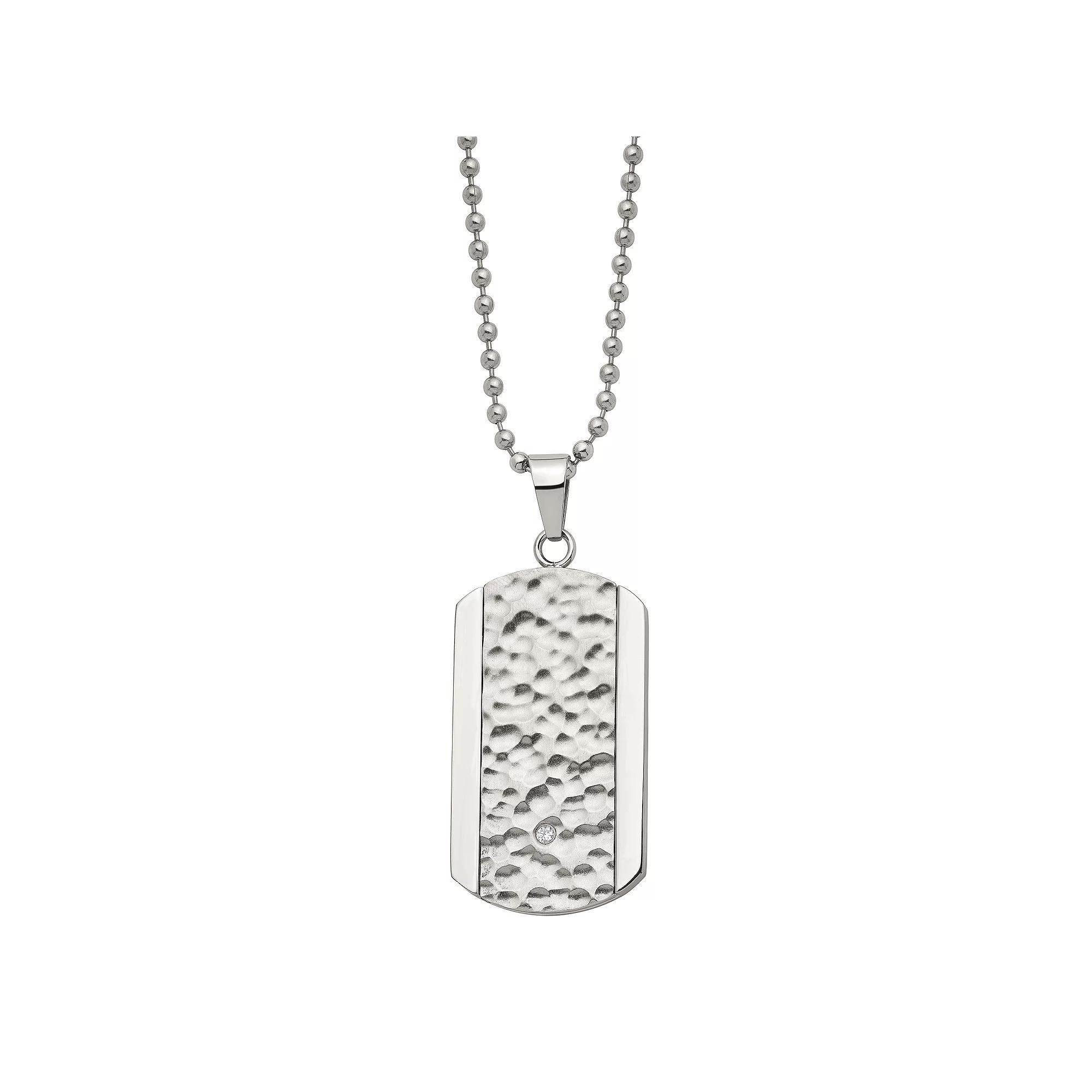 Mens Stainless Steel Cubic Zirconia Dog Tag Necklace Product Image