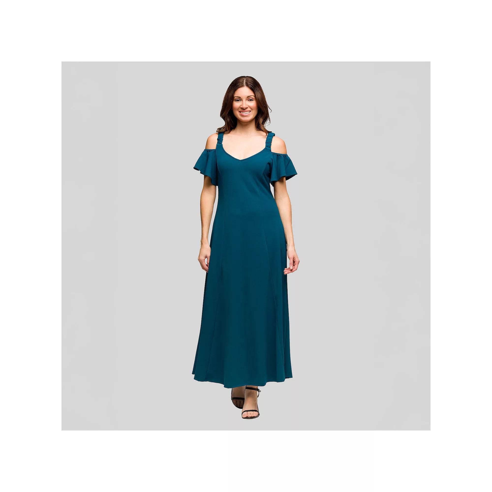 Women's 24Seven Comfort Apparel Cold Shoulder Ruffle Sleeve A-Line Maxi Dress, Size: 1XL, Blue Product Image