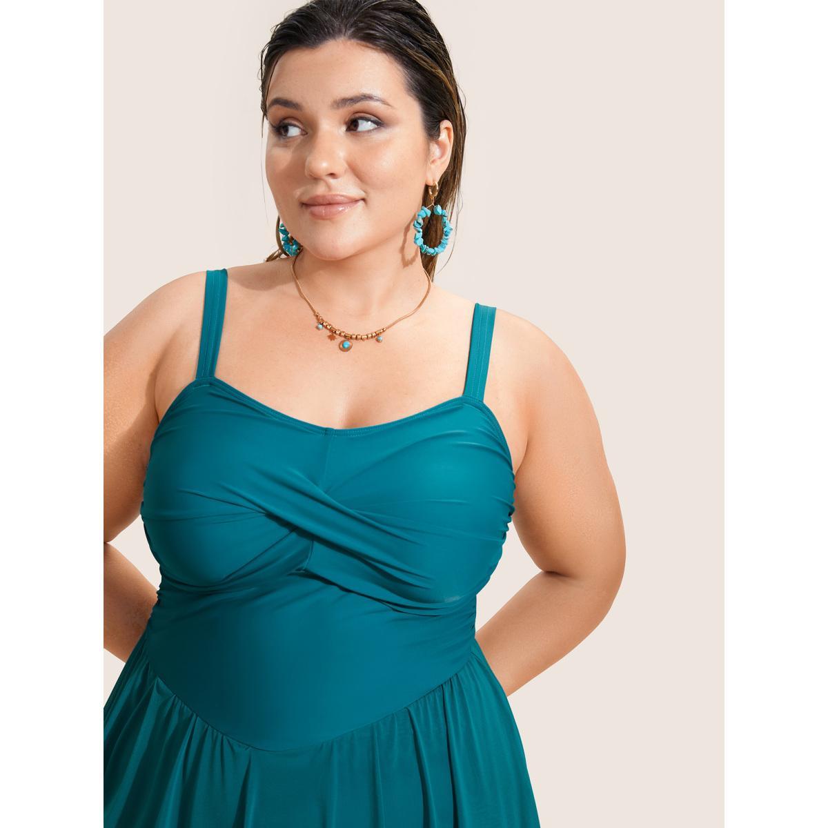 Plus Size Solid Twist Front Heart Neckline Swim Dress Women's Swimwear Teal Beach Bodycon Heart neckline High stretch Curve Swim Dresses BloomChic 30/6X Product Image