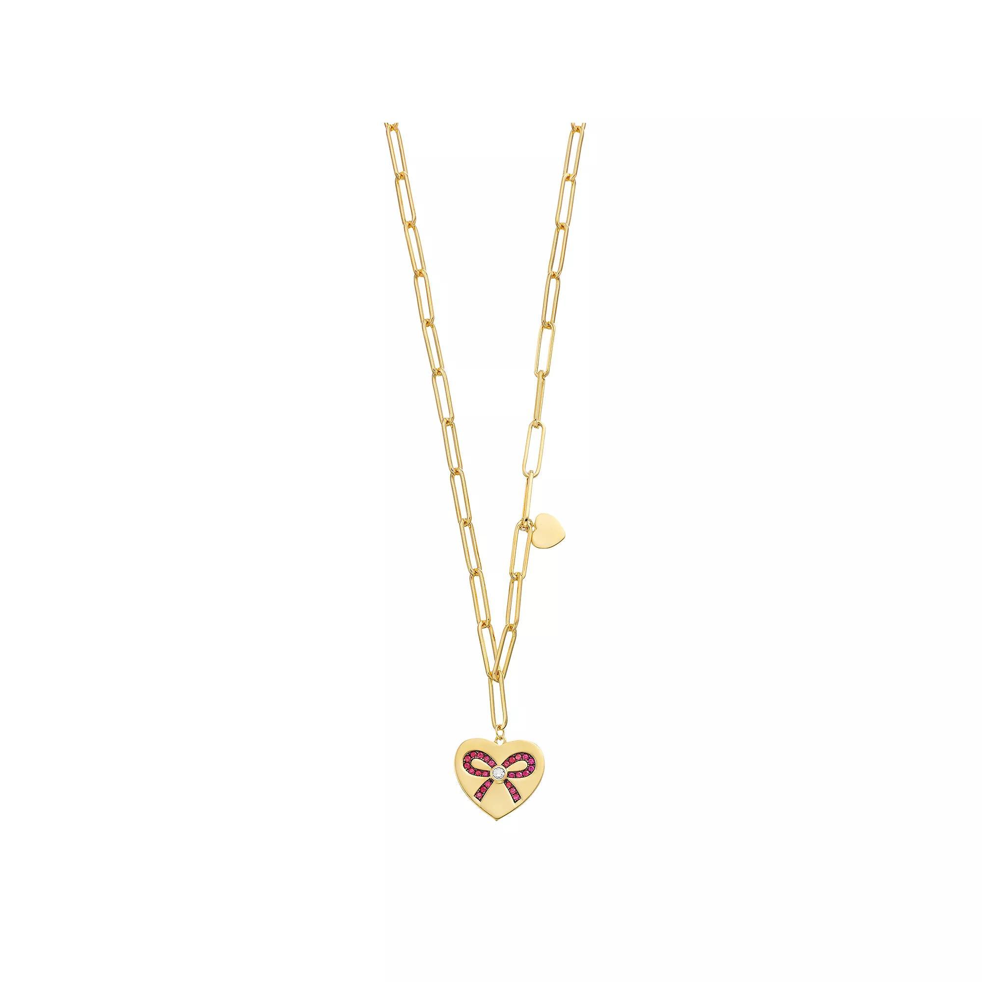 14k Gold Over Silver Pink & Clear Cubic Zirconia Heart Paper Clip Chain Necklace, Womens Gold Tone Product Image