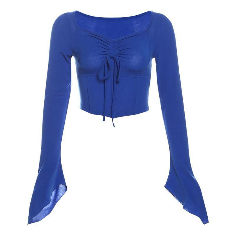 Bell Sleeve Square-Neck Plain Drawstring Slim-Fit Crop Top Product Image