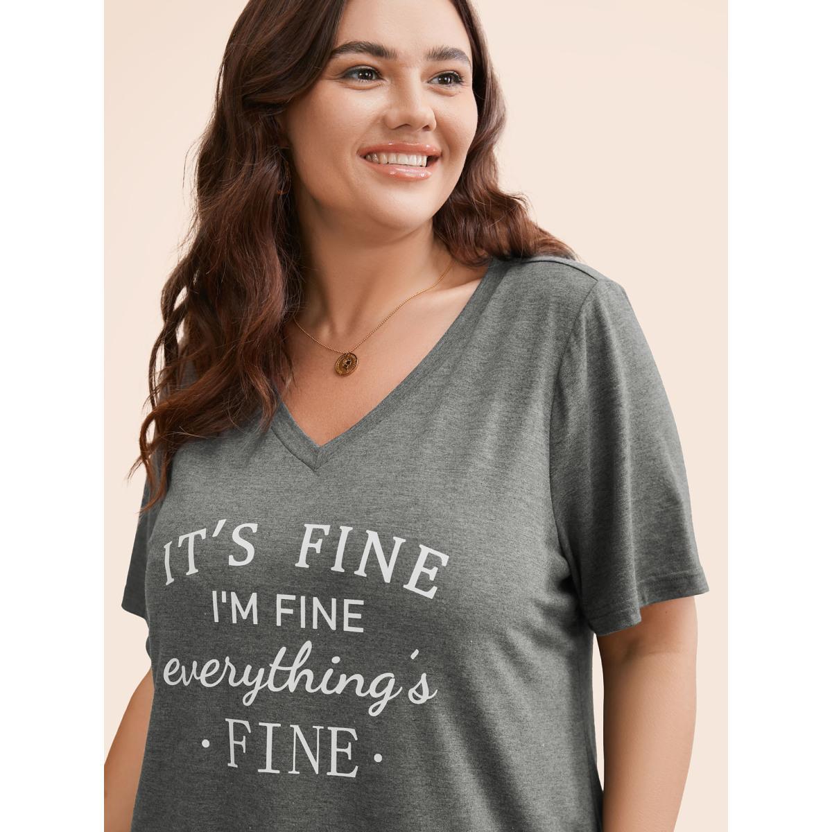 Plus Size Letter Print V Neck T-shirt DimGray Women Casual Positive slogan Dailywear T-shirts BloomChic 12/L Product Image