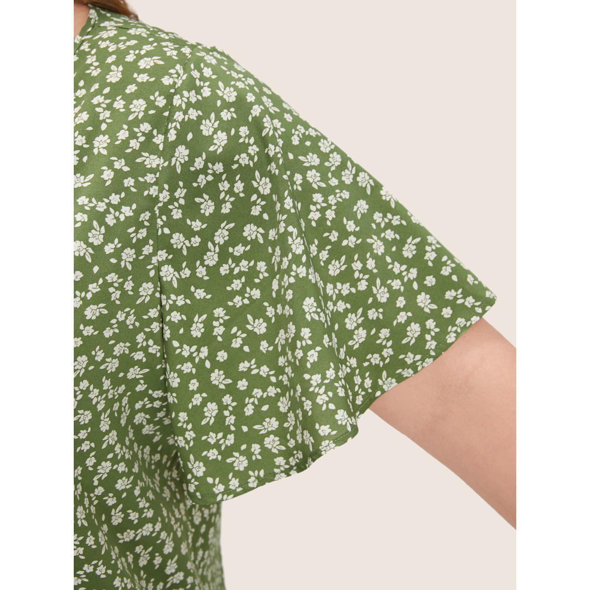 Plus Size Mint Ditsy Floral Ruffle Sleeve Button Detail Blouse Women Elegant Short sleeve V-neck Everyday Blouses BloomChic 14-16/1X Product Image