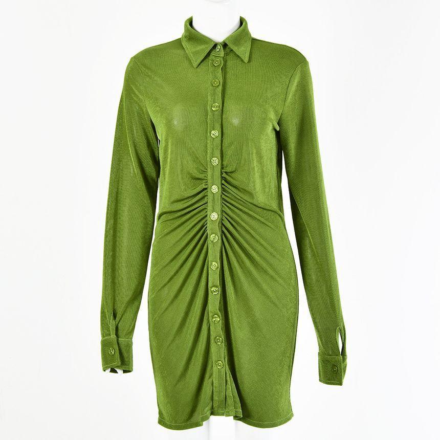 Long-Sleeve V-Neck Plain Velvet Ruched Mini Sheath Shirtdress Product Image
