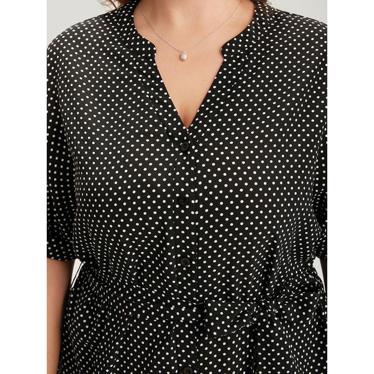 Plus Size Polka Dot Notched Split Hem Button Through Roll Sleeve Dress BlackFlower Women Office Belted Notched collar Short sleeve Curvy Midi Dress BloomChic 12/L Product Image