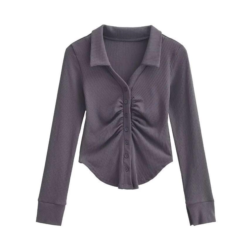 Long-Sleeve Twisted Plain Crop Shirt Product Image