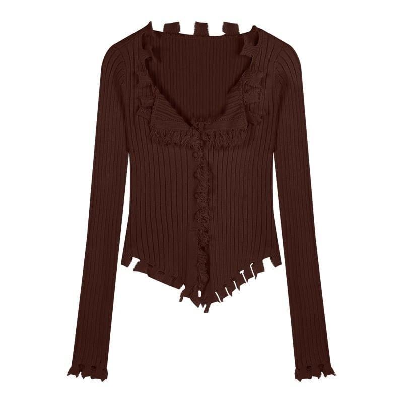 V-Neck Letter Embroidered Ribbed Sweater Product Image