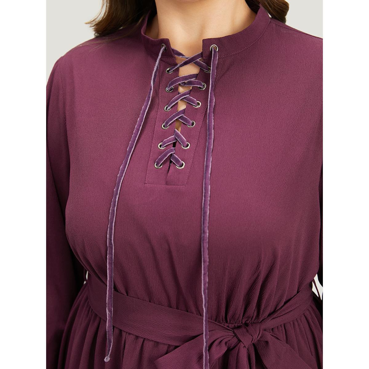 Plus Size Halloween Plain Lantern Sleeve Belted Lace Up Asymmetrical Hem Dress Purple Women Office Elastic cuffs Tie Neck Long Sleeve Curvy Knee Dress BloomChic 12/L Product Image