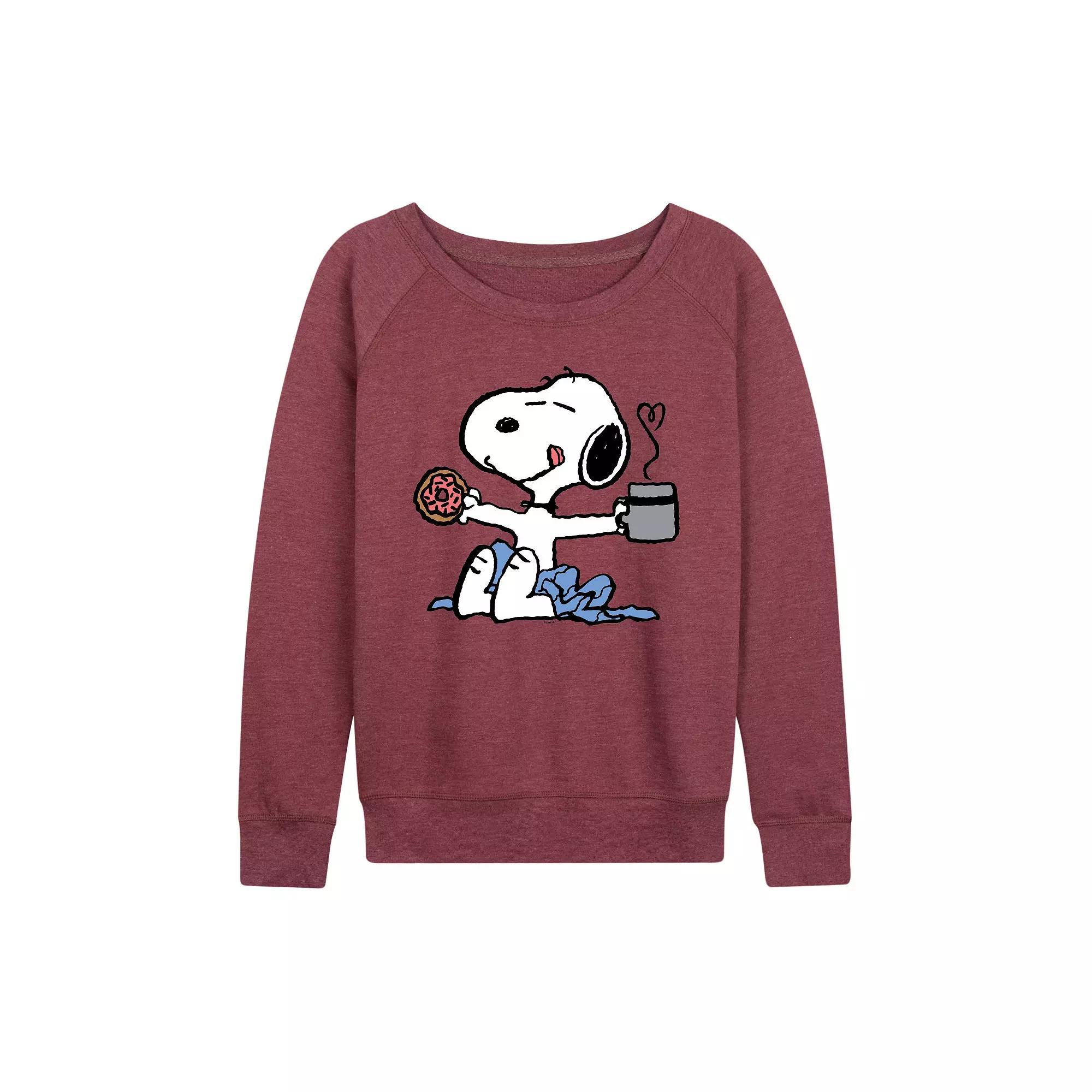 Womens Peanuts Donut Coffee Snoopy French Terry Long Sleeve Tee, Girls Grey Dark Red Product Image