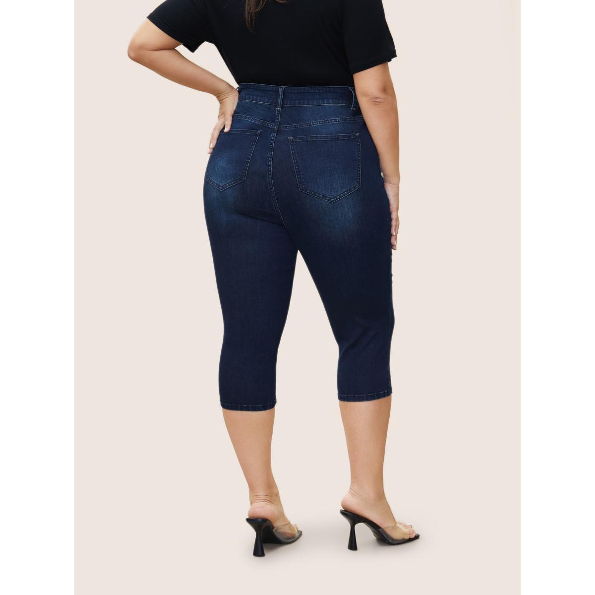 Plus Size Dark Wash Below The Knees Pocket Jeans Women Indigo Casual Plain Button High stretch Slanted pocket Jeans BloomChic 12/L Product Image