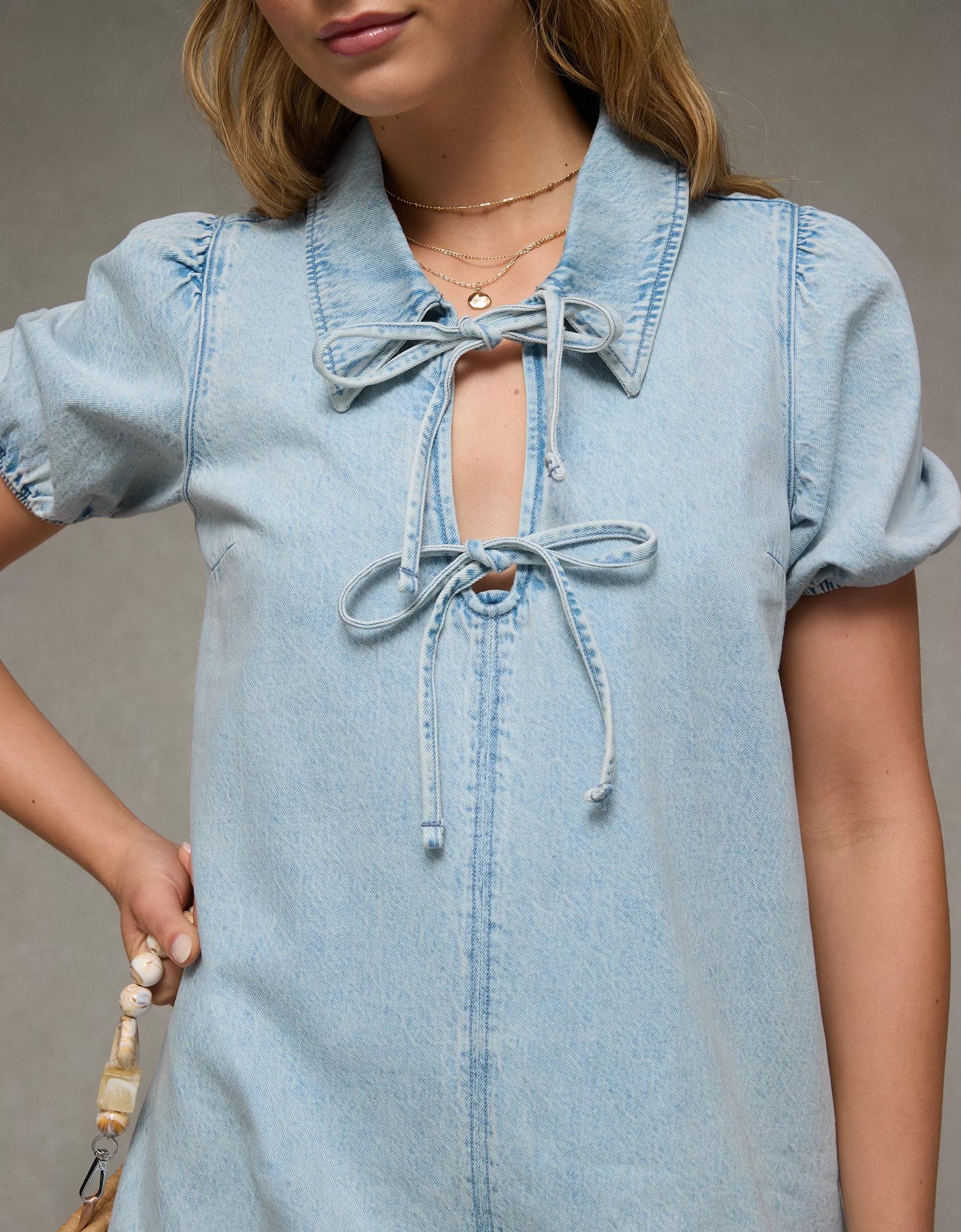 AE Collared Puff Sleeve Tie Front Denim Mini Dress Product Image