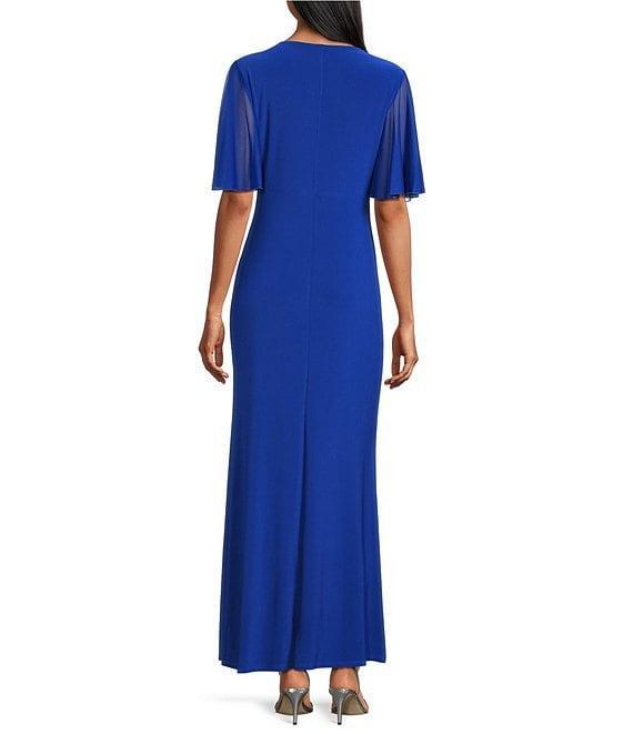 Marina Jersey Ruffle Front Slit V-Neck Mesh Short Sleeve Ruffle Slit Gown Product Image