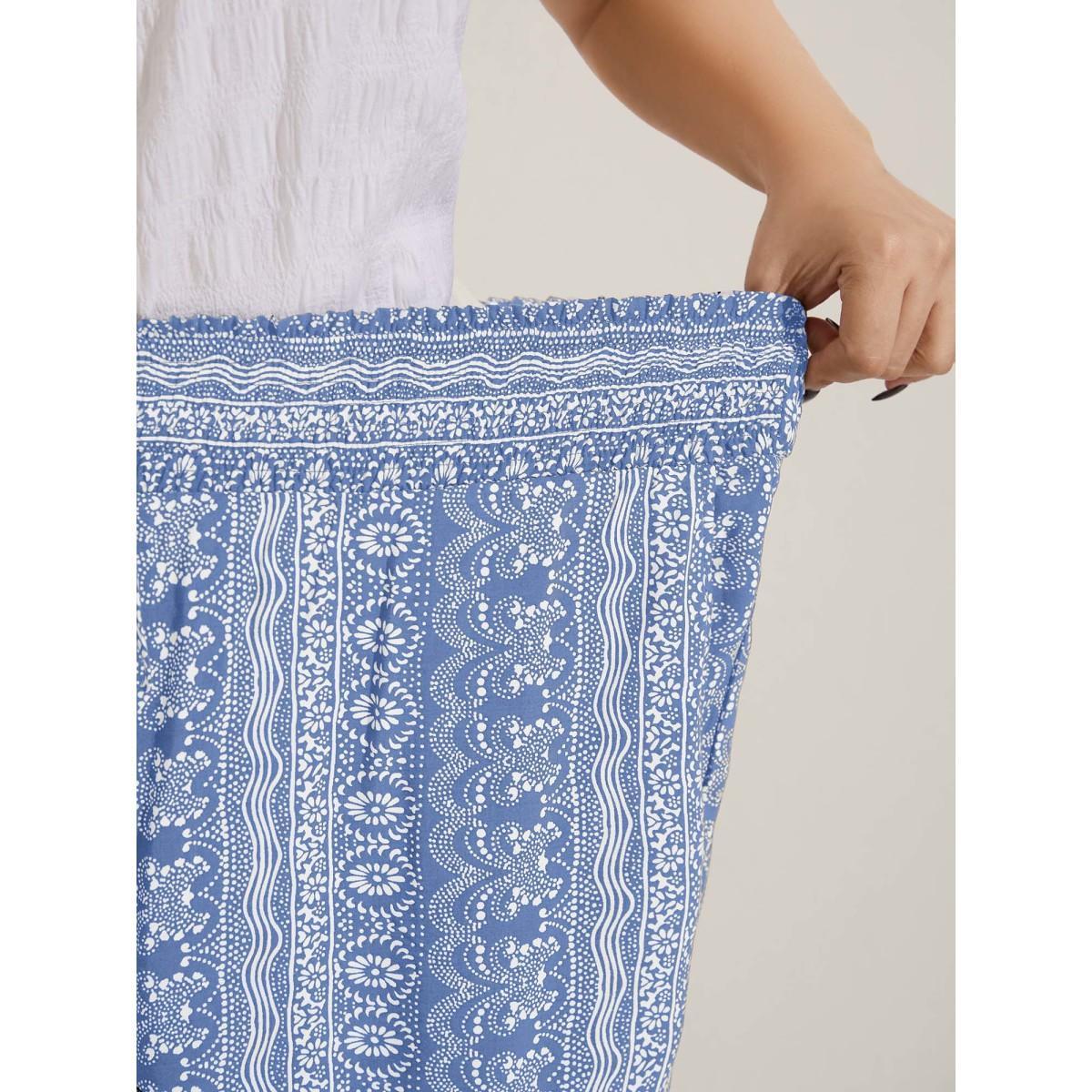 Plus Size Boho Print Shirred Waist Wide-Leg Pants Women Lemonyellow Resort Wide Leg Mid Rise Vacation Pants BloomChic 18-20/2X Product Image