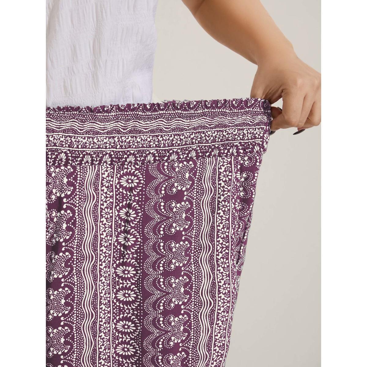 Plus Size Boho Print Shirred Waist Wide-Leg Pants Women Lilac Resort Wide Leg Mid Rise Vacation Pants BloomChic 26/4X Product Image