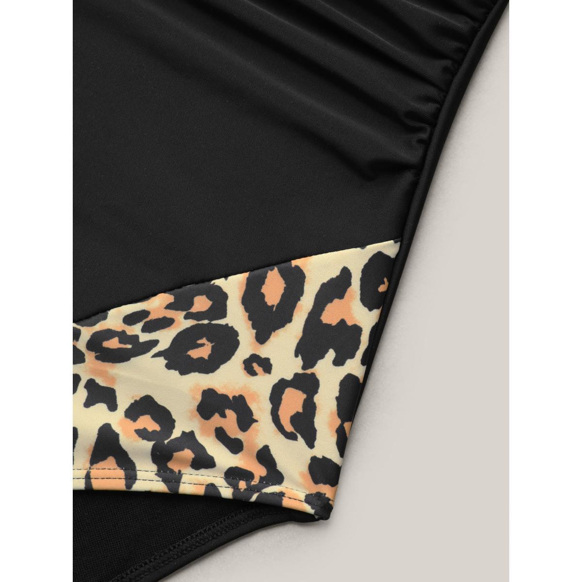 Plus Size Ruched Leopard Contrast One-Piece Swimsuit Women's Swimwear Black Beach Gathered Curve Bathing Suits High stretch One Pieces BloomChic 30/6X Product Image