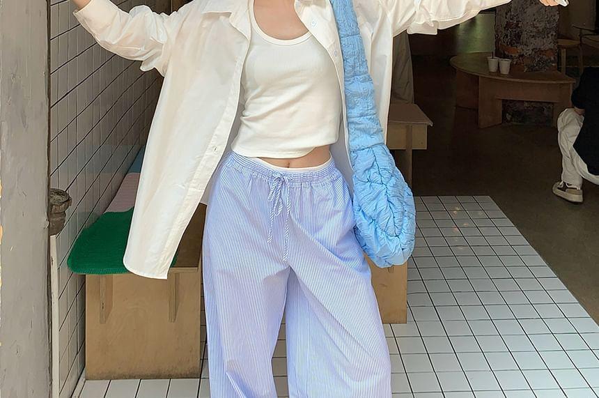 Scoop Neck Plain Tank Top / Long-Sleeve Collared Shirt / Drawstring Waist Striped Wide Leg Pants Product Image