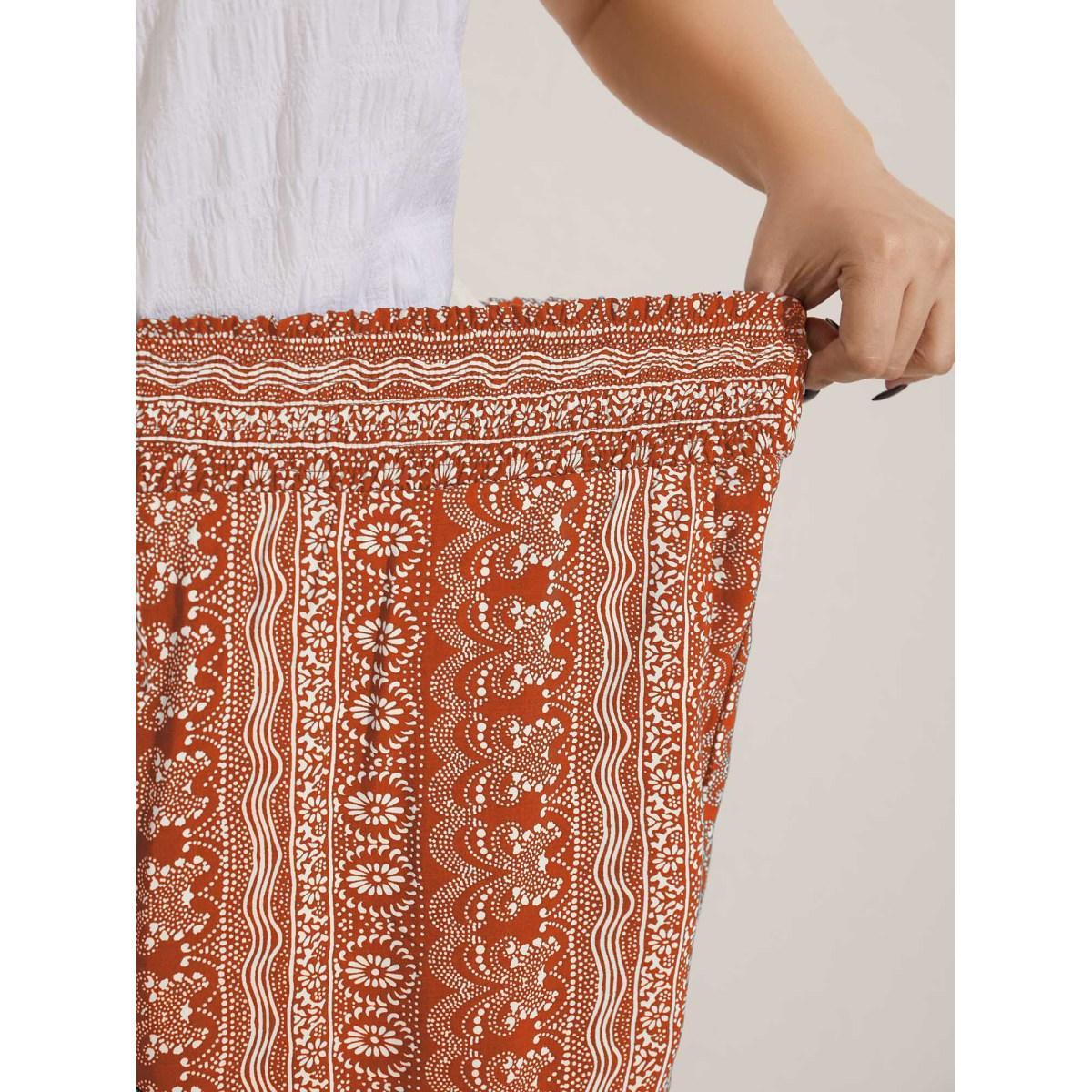 Plus Size Boho Print Shirred Waist Wide-Leg Pants Women Lilac Resort Wide Leg Mid Rise Vacation Pants BloomChic 26/4X Product Image