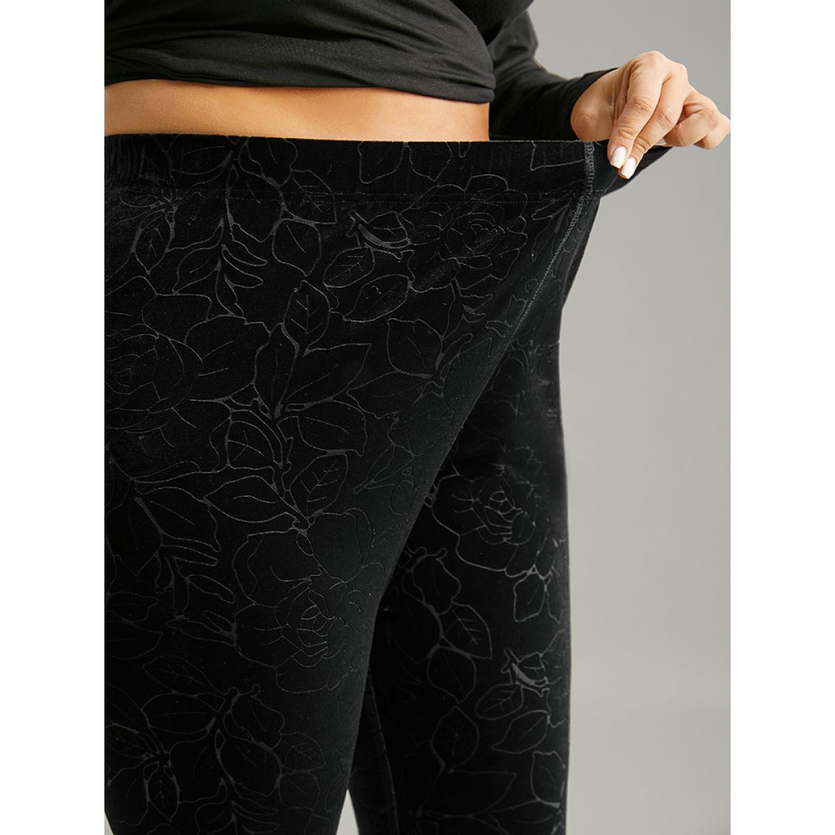 Plus Size Velvet Silhouette Floral Print High Rise Leggings Women Black Elegant High stretch Skinny High Rise Dailywear Leggings BloomChic 10/M Product Image