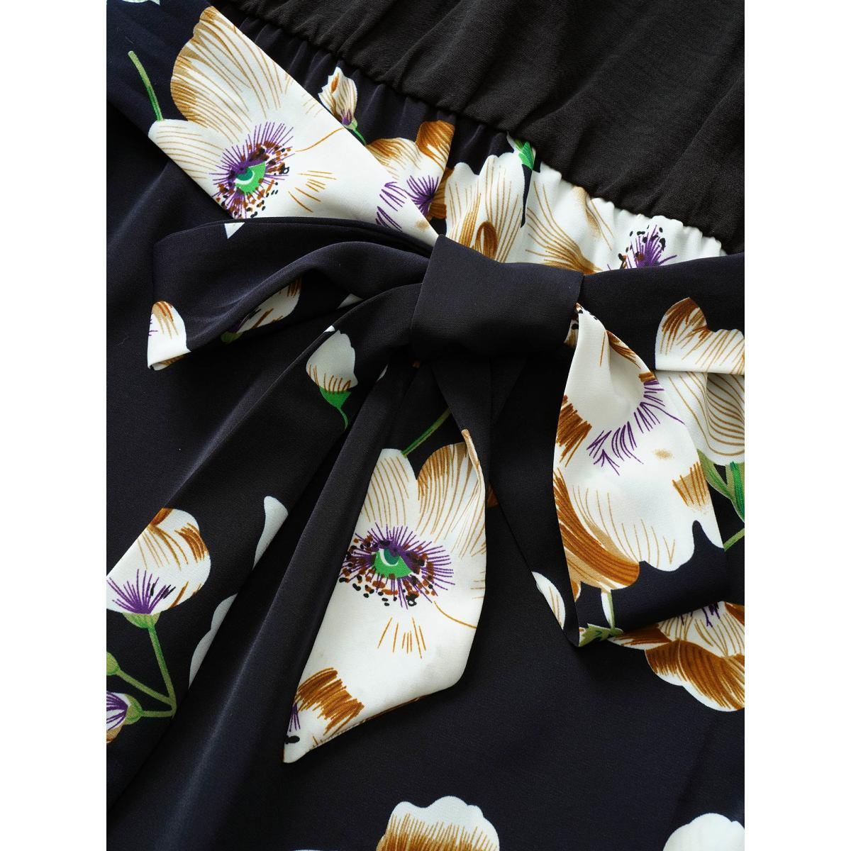 Plus Size Floral Patchwork Half Zip Belted Lantern Sleeve Dress BlackFlower Women Elegant Elastic cuffs V-neck Elbow-length sleeve Curvy Midi Dress BloomChic 30/6X Product Image