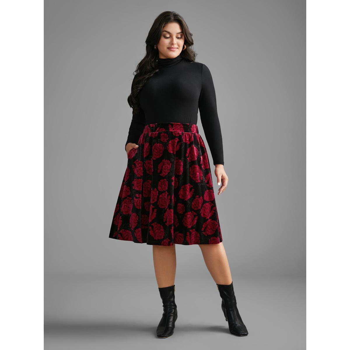Plus Size Velvet Floral Elastic Waist Skirt Women BlackFlower Elegant Loose Low stretch Side seam pocket Everyday Skirts BloomChic 30/6X Product Image