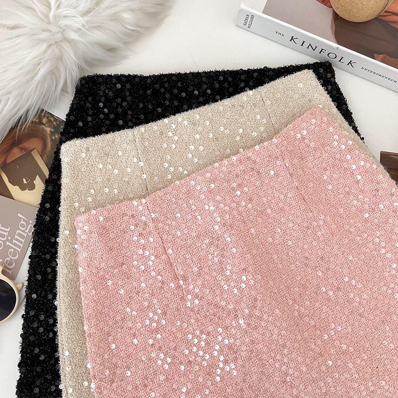 High Waist Plain Sequin Tweed Mini A-Line Skirt Product Image