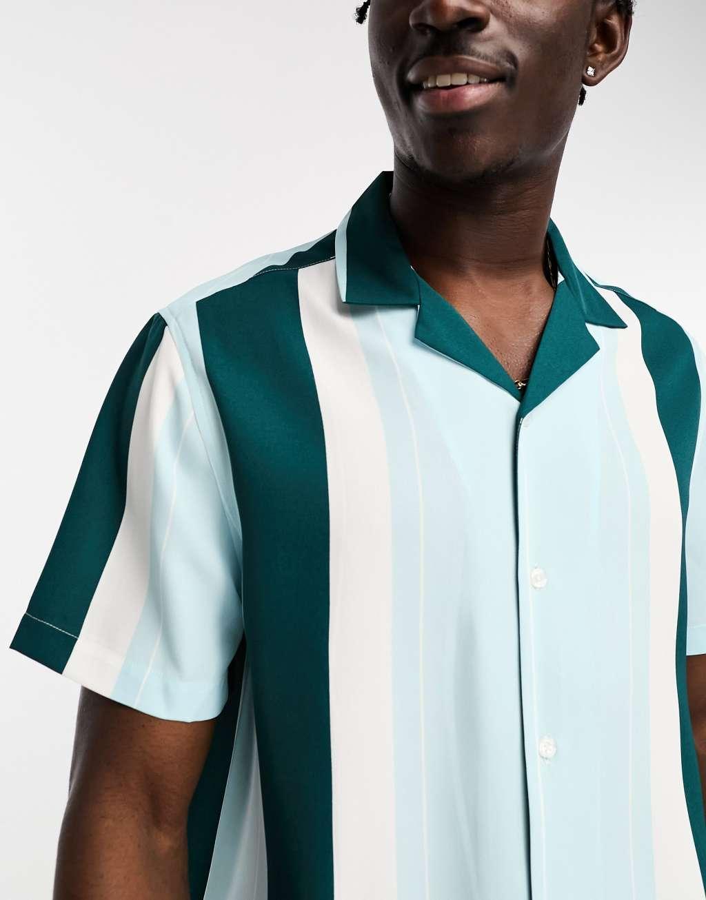 ASOS DESIGN relaxed revere stripe shirt in blue - part of a set Product Image