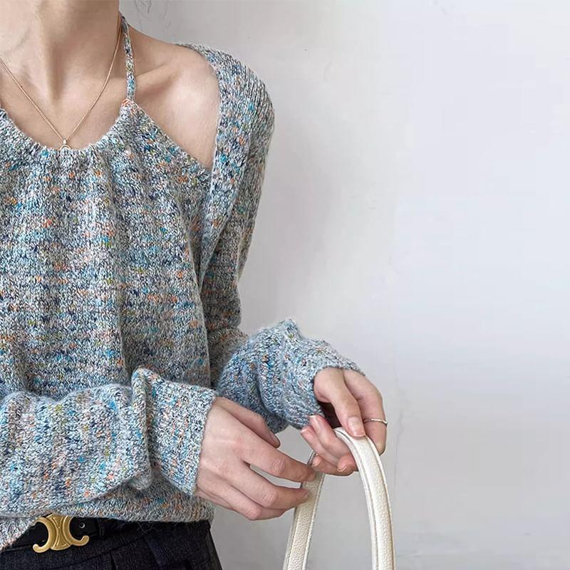 Long Sleeve Halter Melange Mock Two Piece Knit Top Product Image