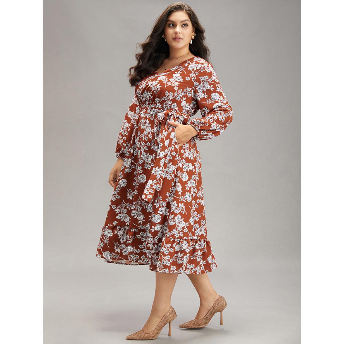 Plus Size Floral Print Elastic Cuffs Ruffle Hem Dress Rust Women Elegant Elastic cuffs V-neck Long Sleeve Curvy Midi Dress BloomChic 26/4X Product Image