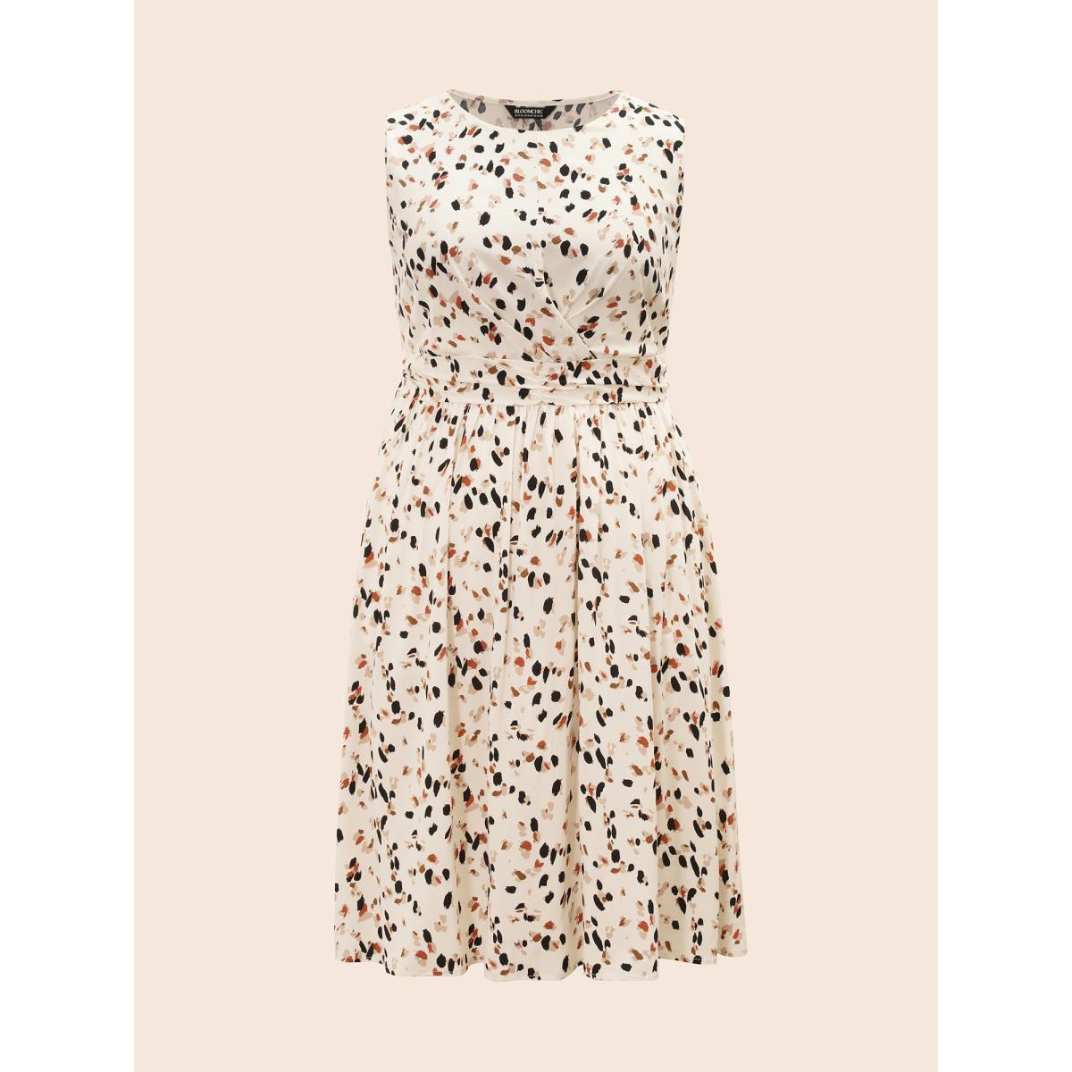 Plus Size Allover Print Pocket Flutter Crossover Ruched Tank Dress Apricot Women Elegant Twist Round Neck Sleeveless Curvy Midi Dress BloomChic 14-16/1X Product Image