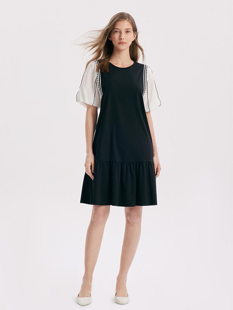 A-Shape Patchwork Puff Sleeve Mini Dress Product Image