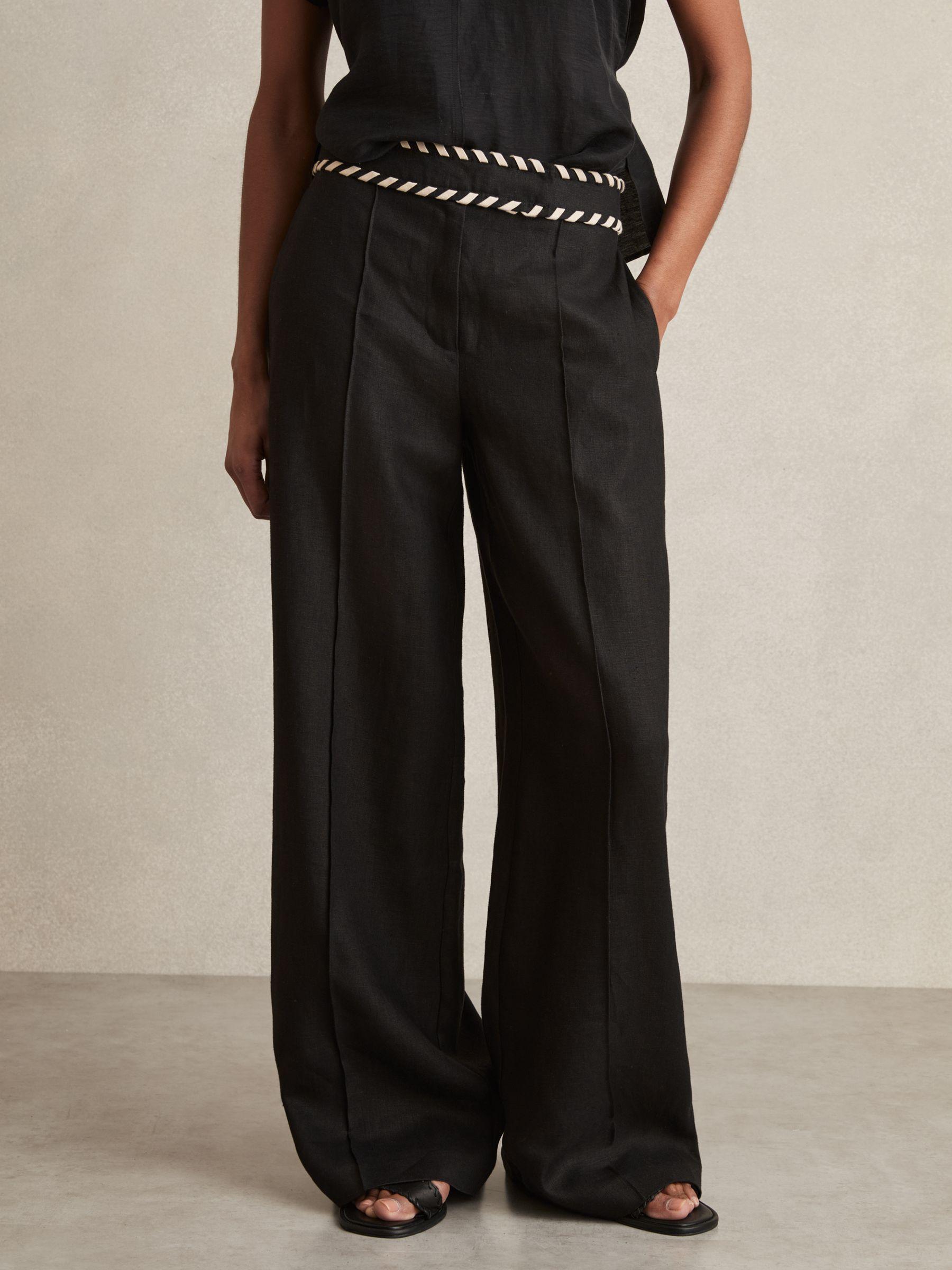 Linen Wide-Leg Whipstitch Trousers in Black Product Image