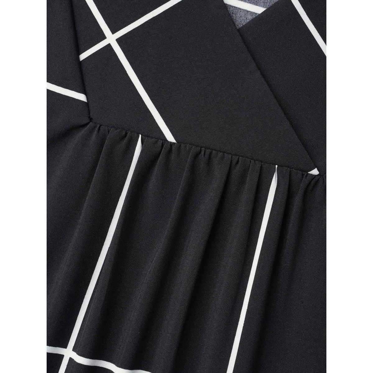 Plus Size Black Plaid Crumpled V-Neck Fitted Shirt Women At the Office Short sleeve Overlap Collar Work Blouses BloomChic 30/6X Product Image