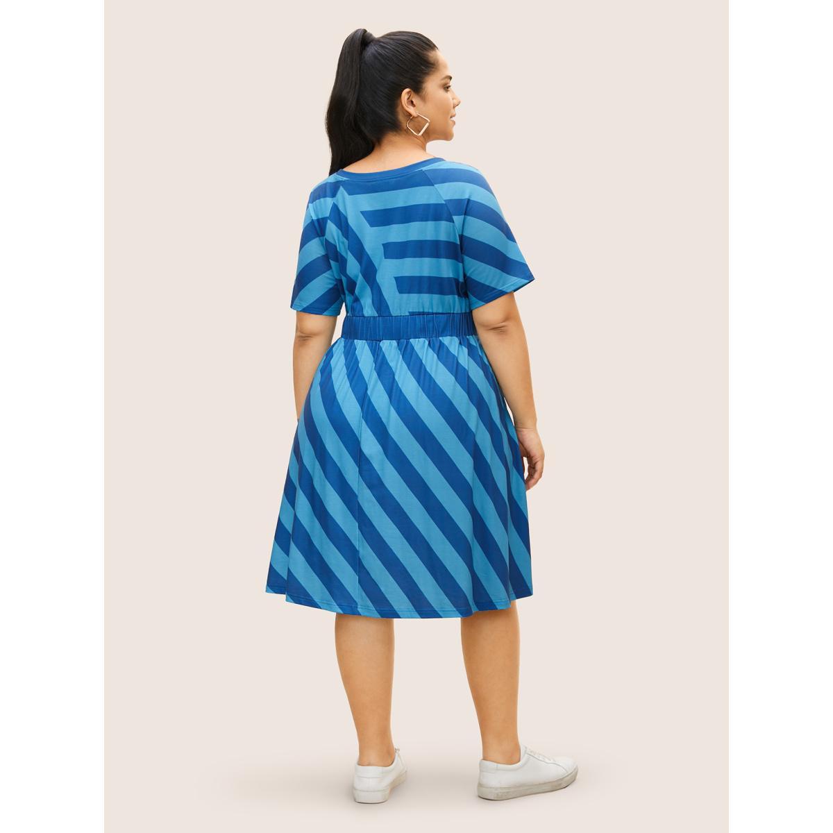 Plus Size Round Neck Striped Raglan Sleeve Dress Teal Women Casual Round Neck Short sleeve Curvy BloomChic 30/6X Product Image