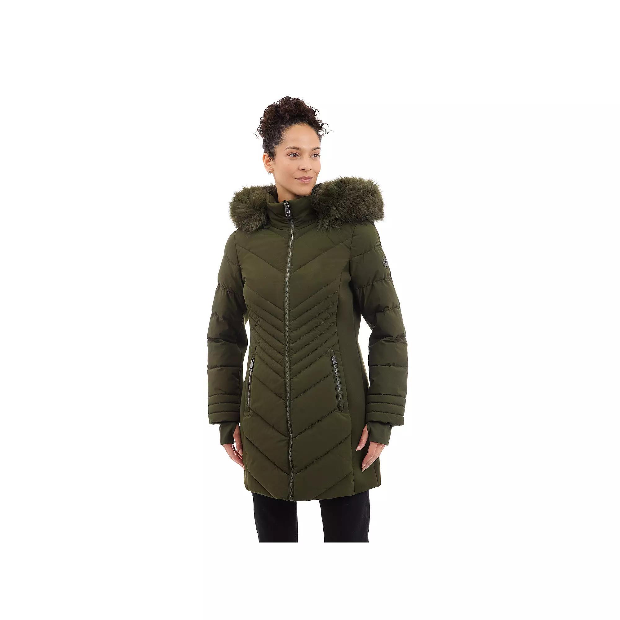 Women's London Fog Faux Fur Trimmed Hooded Puffer Jacket, Size: XL, Brown Product Image