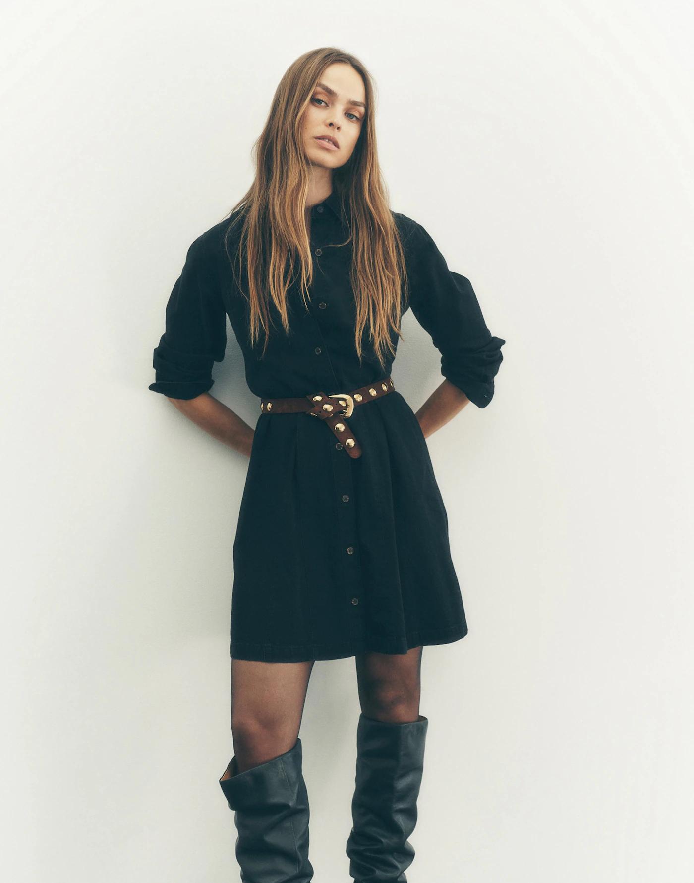 Denim Seamed Mini Dress in Washed Black Product Image