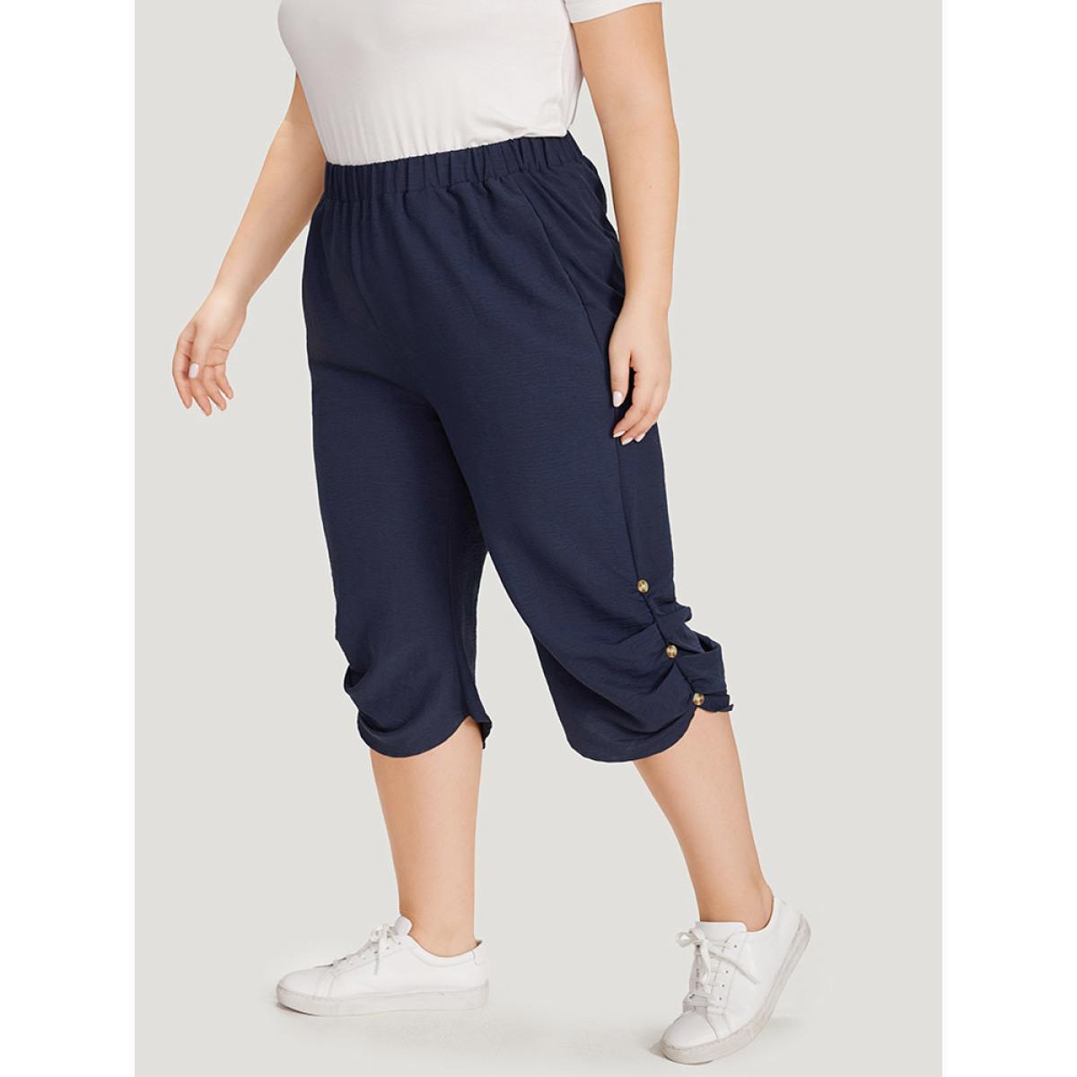 Plus Size Solid Pocket Beaded Detail Gathered Pants Women Blue Casual High Rise Dailywear Pants BloomChic 26/4X Product Image