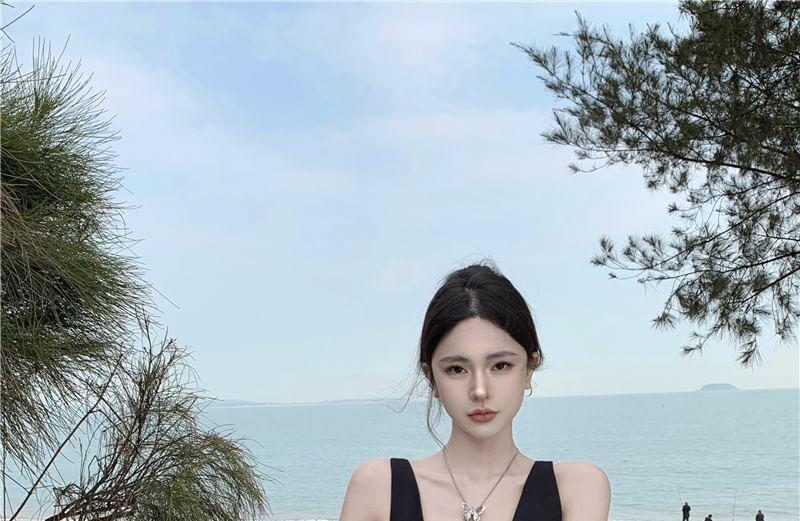 Sleeveless V-Neck Plain Open Back A-Line Dress Product Image