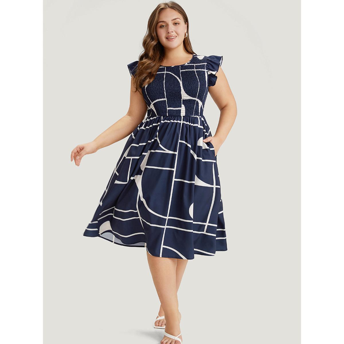 Plus Size Geometric Pocket Flutter Sleeve Shirred Dress Navy Women Office Pocket Round Neck Cap Sleeve Curvy Midi Dress BloomChic 26/4X Product Image