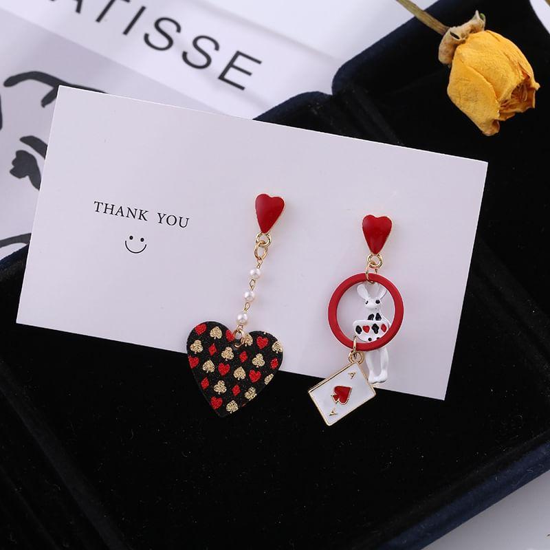 Heart Poker Card Asymmetrical Drop Earring / Clip-On Earring Product Image