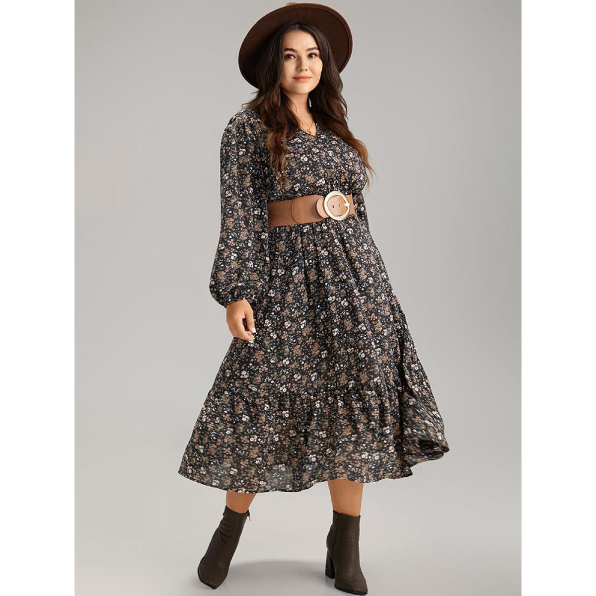 Plus Size Ditsy Floral Notched Flutter Hem Dress Black Women Elegant Elastic cuffs Notched collar Long Sleeve Curvy Midi Dress BloomChic 12/L Product Image