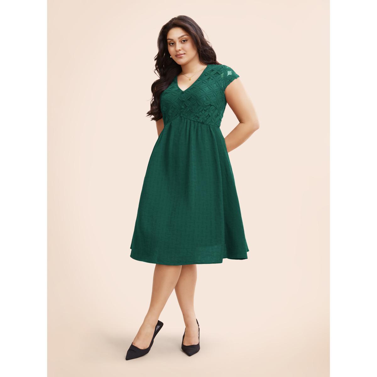 Plus Size Plain Lace Panel Cap Sleeve Dress Denimburgundy Women Elegant Texture V-neck Cap Sleeve Curvy BloomChic 10/M Product Image