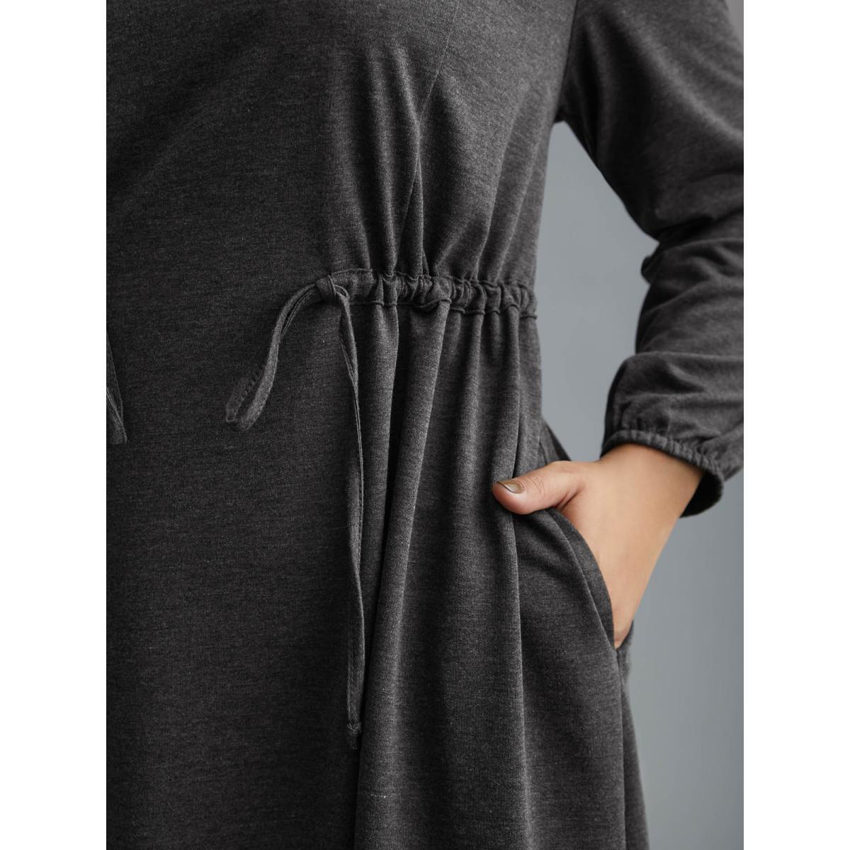 Plus Size Elastic Waist Tie Round Neck Knit Midi Dress DarkGray Women Casual Drawstring Knit Dresses Bloomchic 18-20/2X Product Image