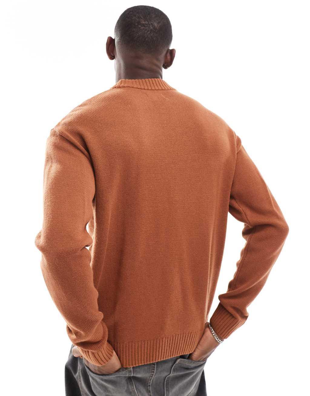 Jack & Jones oversized chunky ribbed crew neck sweater in burnt orange Product Image