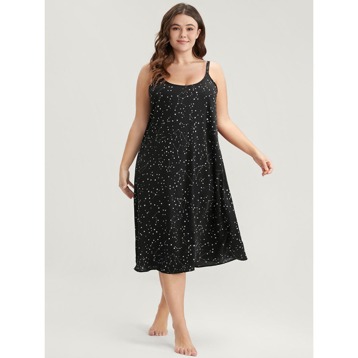 Plus Size Star Print Sleeveless Cami Night Dress Women Black Elegant Moon and Star Printed Spaghetti Strap Loungewear BloomChic 12/L Product Image
