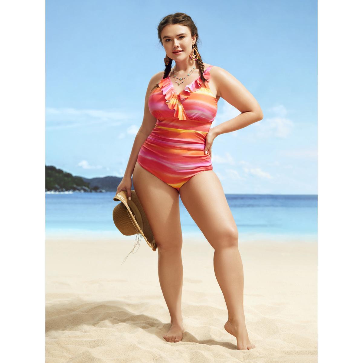 Plus Size Ombre Wrap Ruffle Trim One Piece Swimsuit Women's Swimwear Multicolor Beach Gathered Curve Bathing Suits High stretch One Pieces BloomChic 18-20/2X Product Image