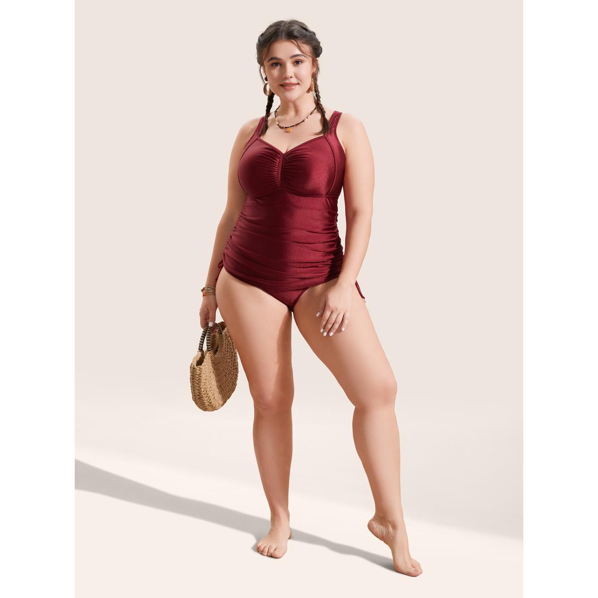 Plus Size Ruched Skinny Drawstring Heart Neckline One Piece Swimsuit Women's Swimwear Burgundy Beach Gathered Curve Bathing Suits High stretch One Pieces BloomChic 28/5X Product Image